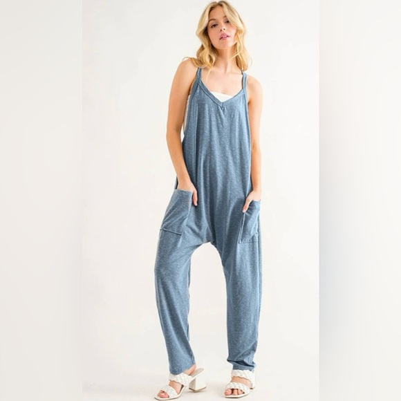 Pants - #225 WOMEN'S SLEEVELESS FRONT POCKET V-NECK STRAIGHT LEG JUMPSUIT